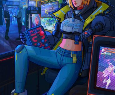 I drew a fighting game arcade in a cyberpunk setting!