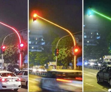 Traffic signals with LED lights on the pole itself