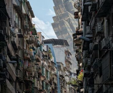 The Grand Lisboa Casino towering over the streets of Macau