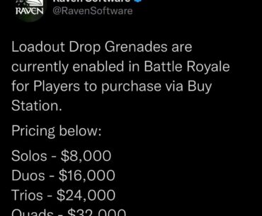 Loadout drop grenades are back in buy stations! Prices are also tuned per player count which is cool.