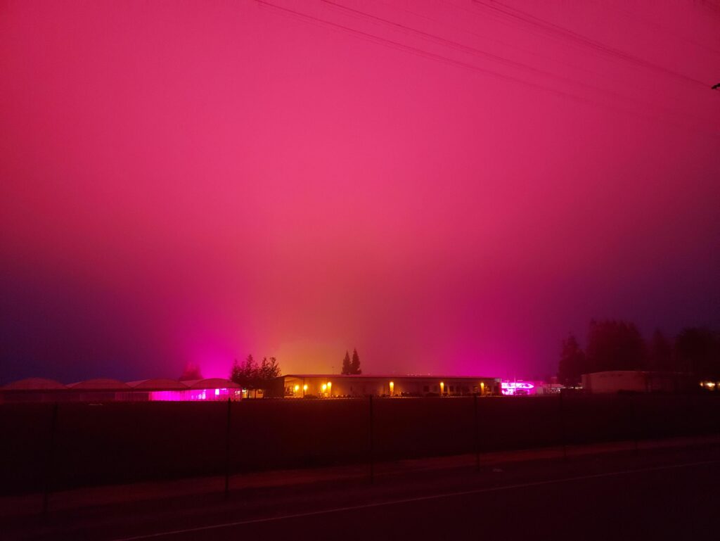 Rural cyberpunk: to compensate for the short winter days, ag corporations near my house are using grow lights that turn the skies pink for miles around.
