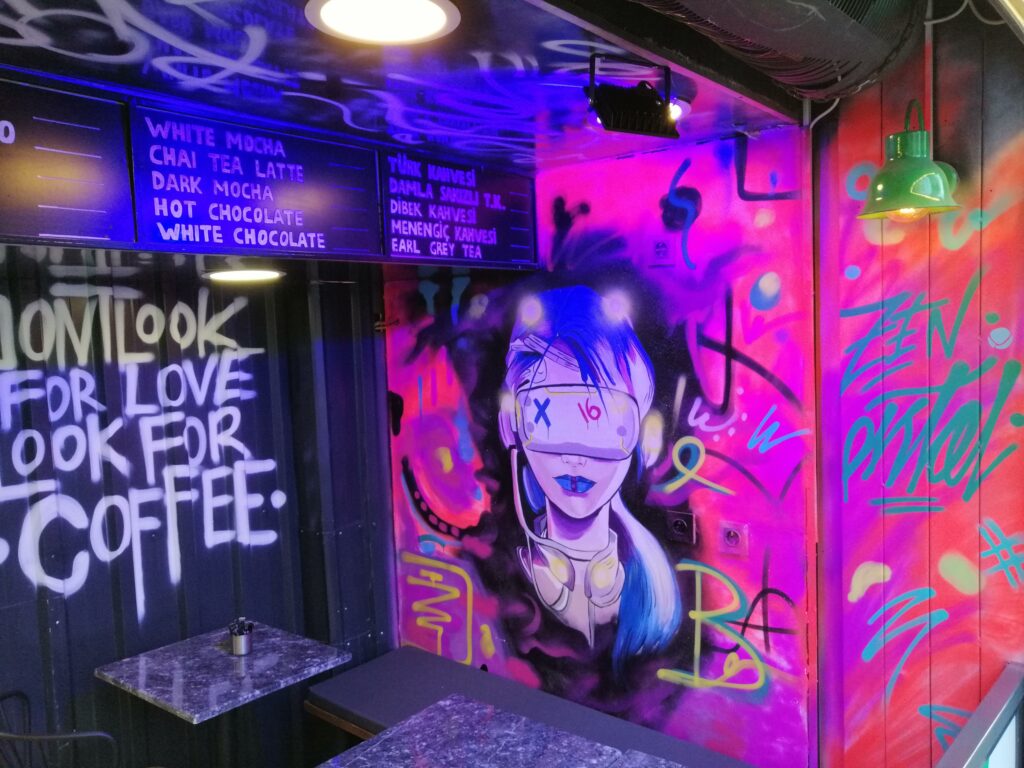 Cyberpunk graffiti street art found in a Turkish café