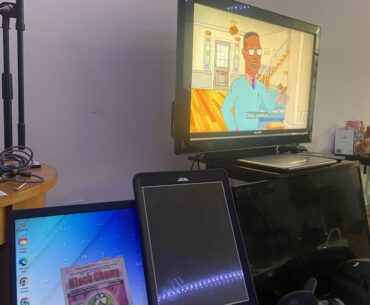 Laptop hooked up to the tv, broken tv, tablet, edibles