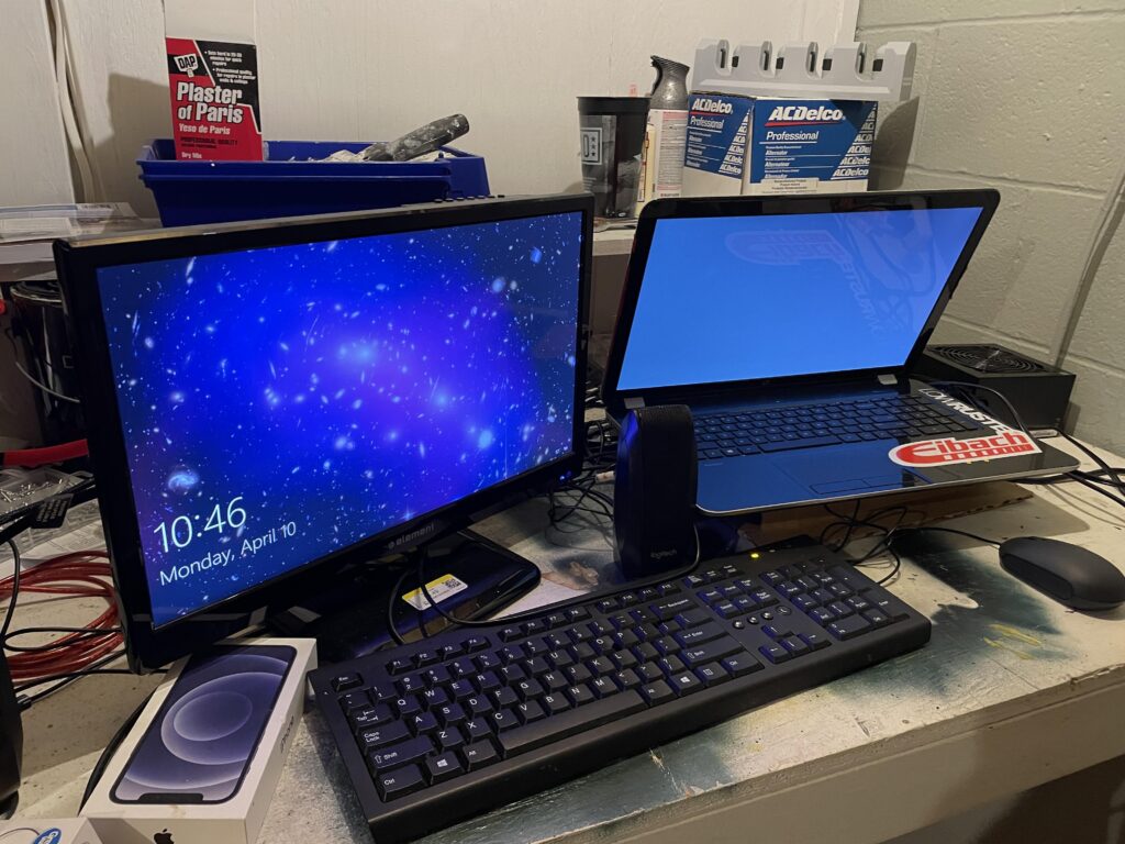 10 year old laptop with SSD upgrade, r5 240 egpu hooked up with a power supply and gdc beast. Thrift store speakers, keyboard and monitor