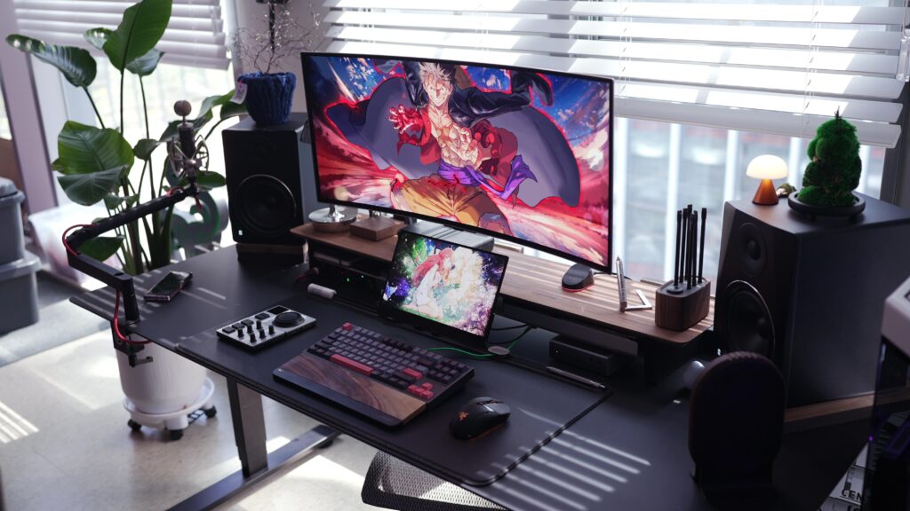 4K OLED Portable Monitor and Main Desk Setup. Animation Theme