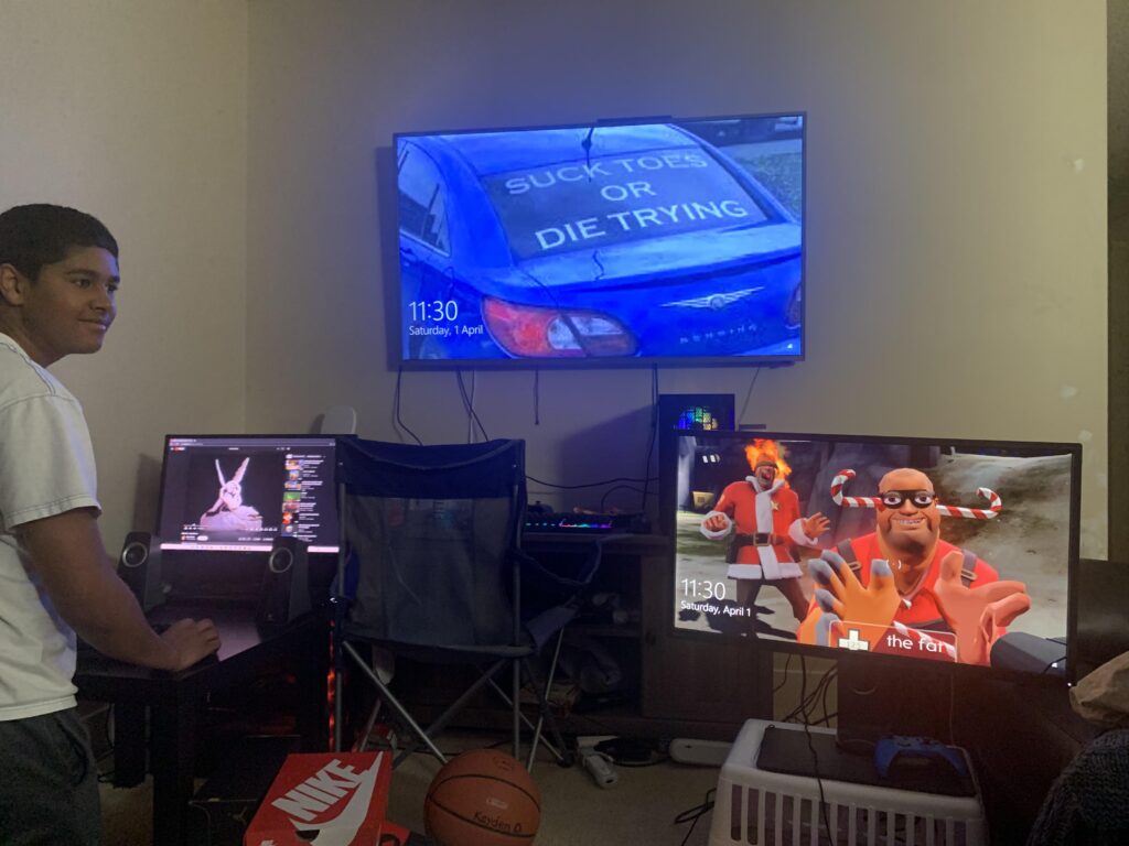 Three PCs, Monitors, Keyboards, Mice, and idiots