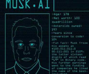 Elon Musk in the year 2150 infocard