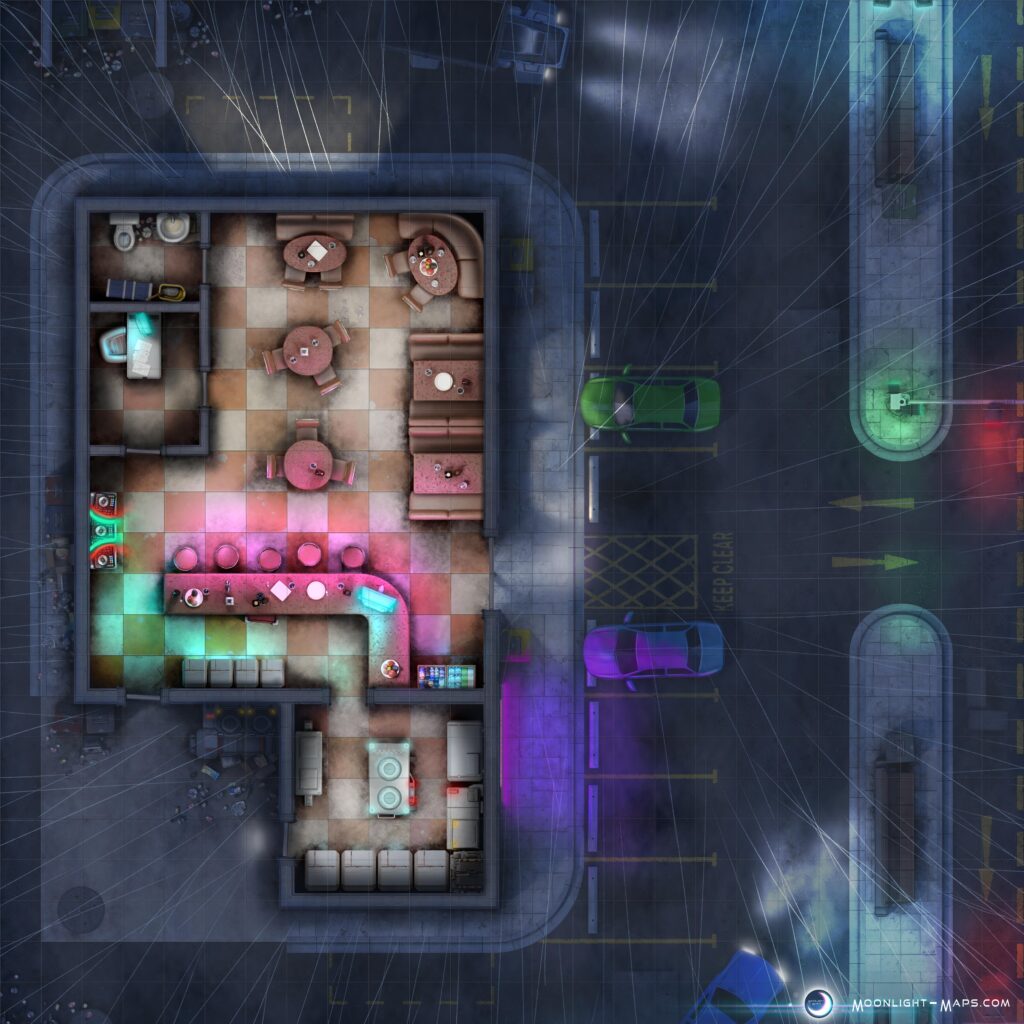 [OC] "It was a rainy night in the city of neon and cybertechnology..." – Dive Bar [25x25]