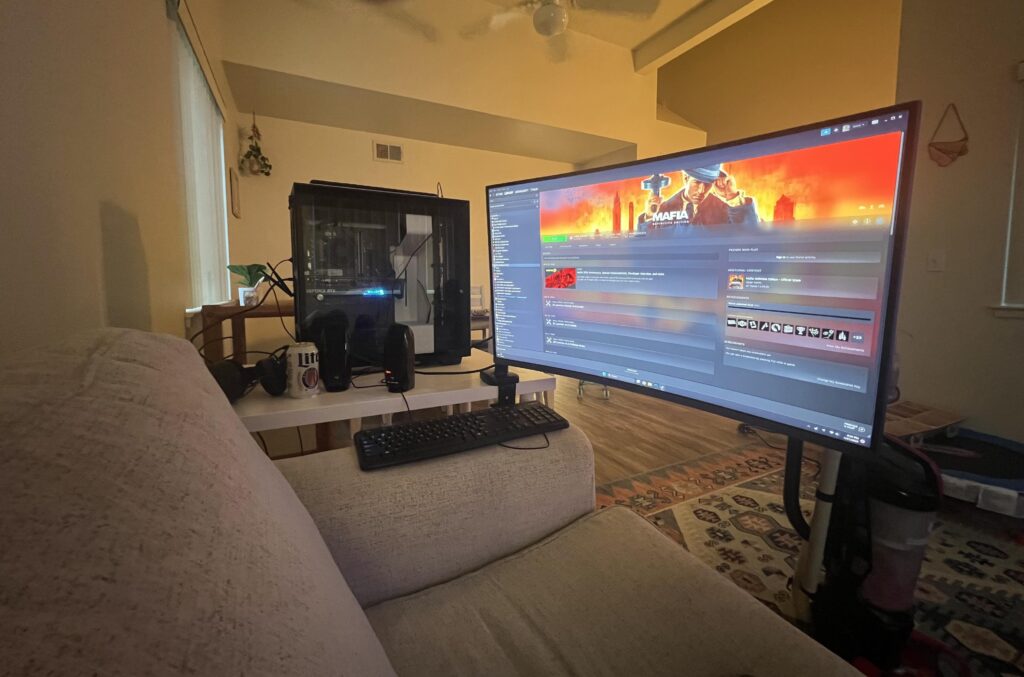I don’t like playing at a desk after working at a desk all day, don’t want to hook up to the TV because it isn’t 144Hz and my wife wants to watch her shows, this is my solution