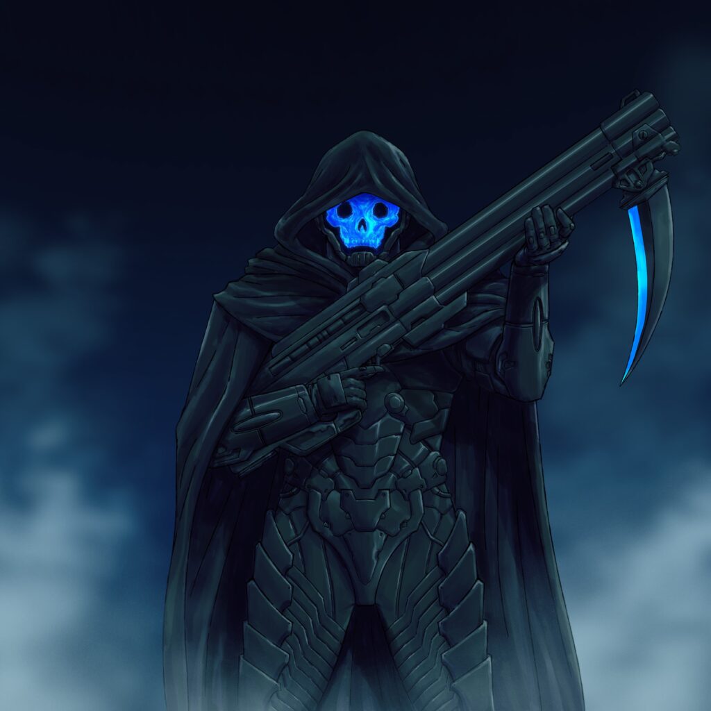 "Bad To The Bone." Art of Skullhacker, my OC from my Doom fanfic "Day of Wrath", as the Grim Reaper. Art by adivider