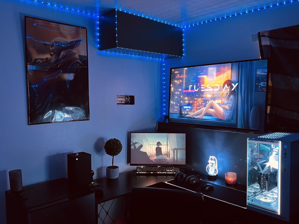 rn here’s the set up for me( i am tryna figure out wth to do with those like minecraft looking blocks up top)