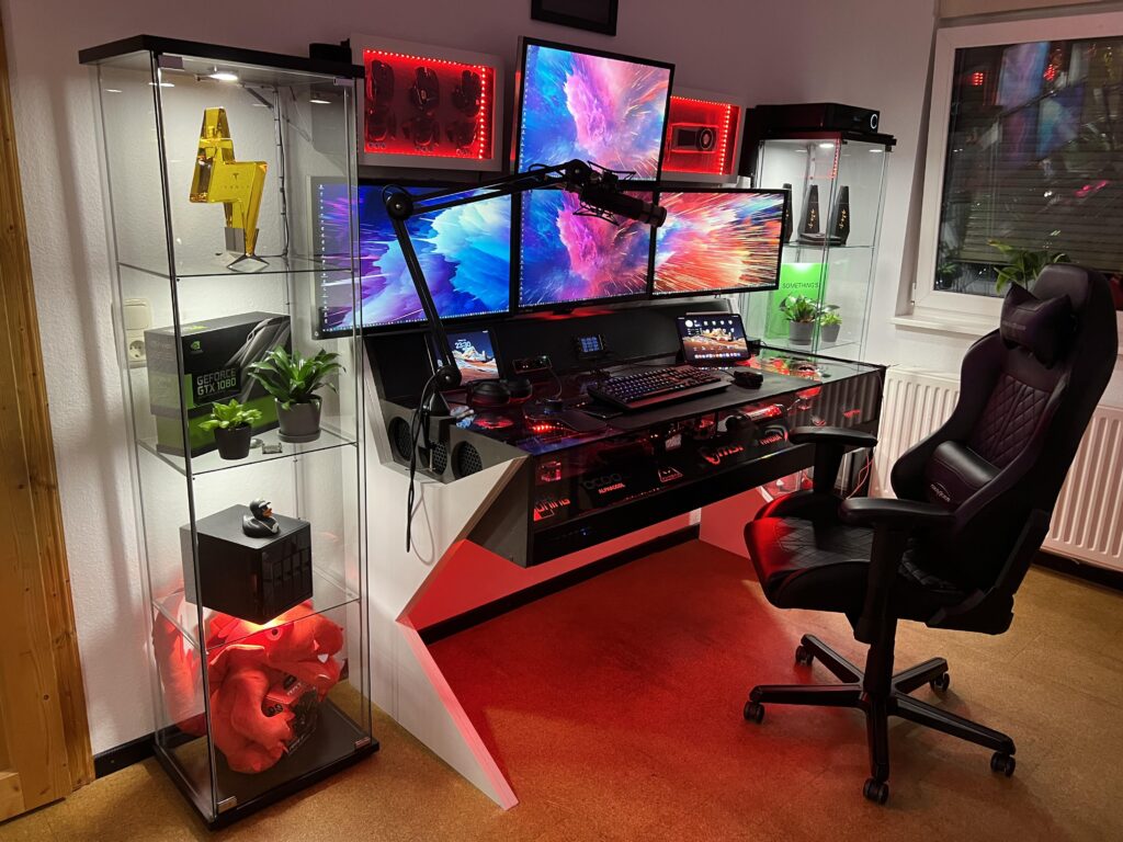 My self-built PC Desk Setup with 4x 4k monitors,2 new decoration, many hidden features and an integrated XLR interface. My self-built PC Desk Setup with 4x 4k monitors,2 new decoration, many hidden features and an integrated XLR interface.