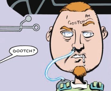 Greatest cyberpunk character ever Gootch playing space invaders in his eyes(?)
