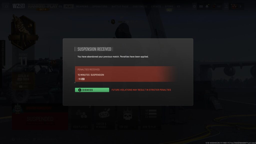 Lobby timed out and I received a -10 SR penalty and 15 minute suspension