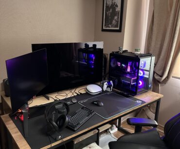 Not the cleanest setup but proud of what it came to be. Will re-organize when I move into my own place.