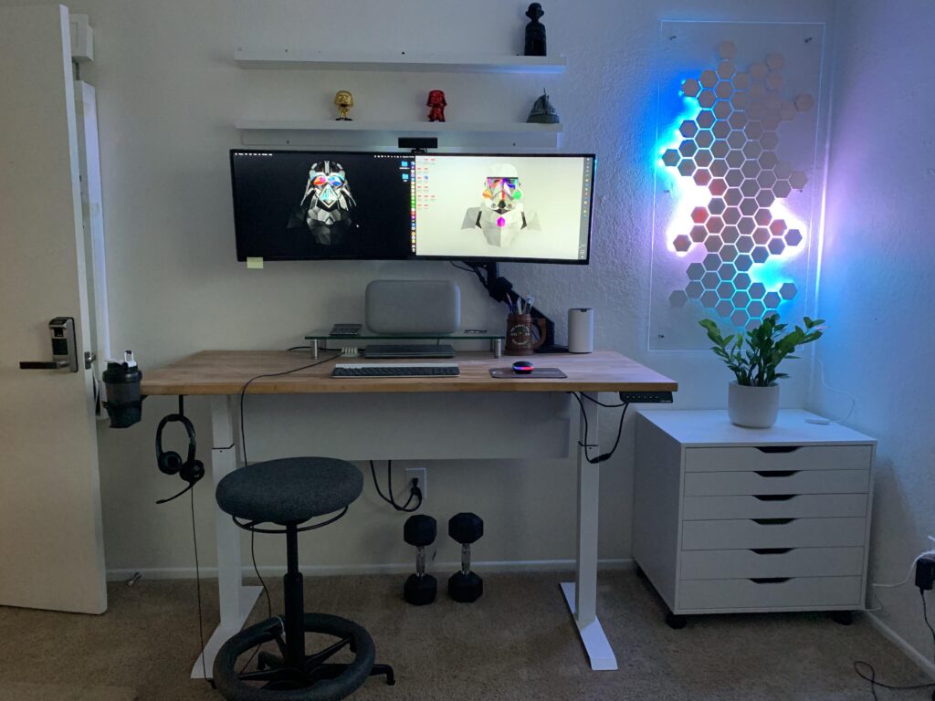 During pandemic #wfhsetup #setupwars #ikea butcher countertop & Alex drawer | #applemacmini | #dell #logitech #samsung 49” ultra wide monitor | custom made led wall light