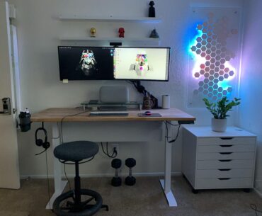 During pandemic #wfhsetup #setupwars #ikea butcher countertop & Alex drawer | #applemacmini | #dell #logitech #samsung 49” ultra wide monitor | custom made led wall light