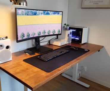 Stained the desk and upgraded to ultrawide