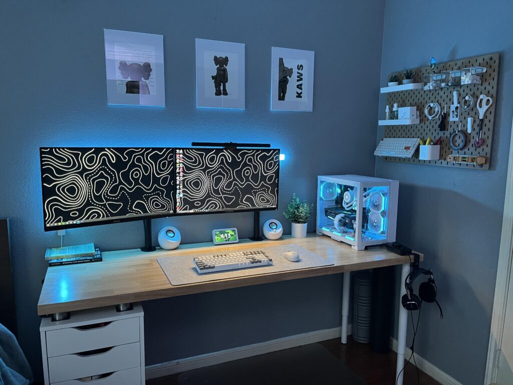Current WFH/Gaming set up. Some things I’d like to change in the future include a wireless headset to reduce cable clutter, as well as to replace the two adjustable legs with an Alex drawer. First post!