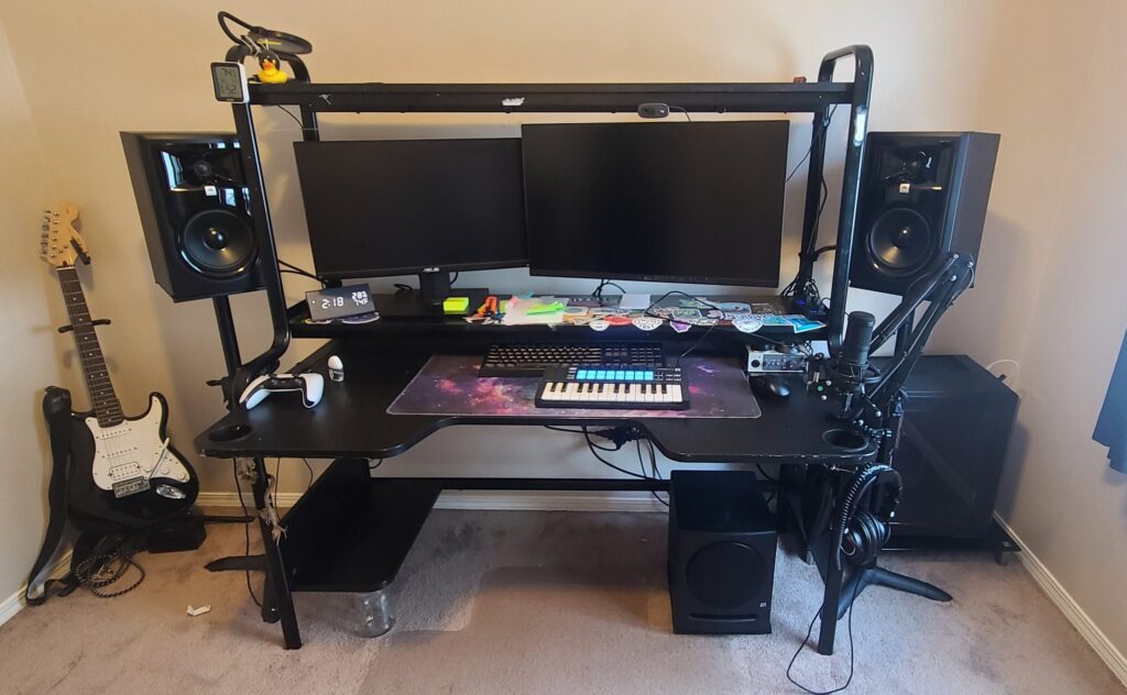 My modest gaming/programming/music mixing station. This is my very first office in my first house and I love it! Worked hard to get the audio balanced... Still lots of work to be done! And yes the desk is Ikea