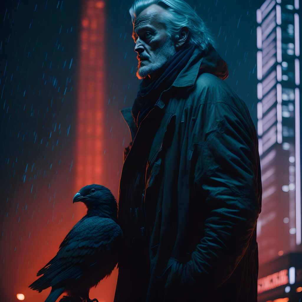 [Leonardo AI series] Roy not being retired and having a black bird as a pet.