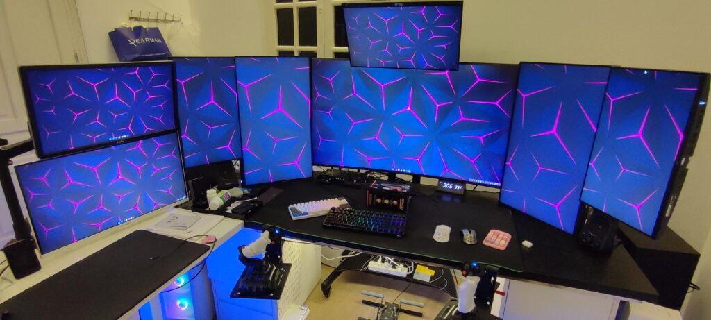 Added the 8th screen to my setup (top left). It's a Dell U2312HM, since 2012 and still doing great!