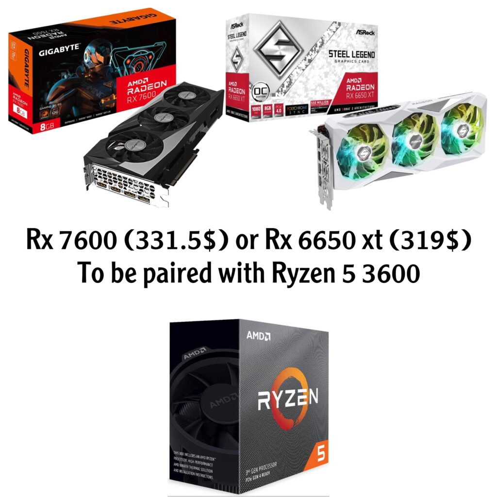 R× 7600 (331.5$) or Rx 6650 xt (319$) To be paired with Ryzen 5 3600