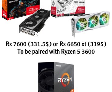 R× 7600 (331.5$) or Rx 6650 xt (319$) To be paired with Ryzen 5 3600