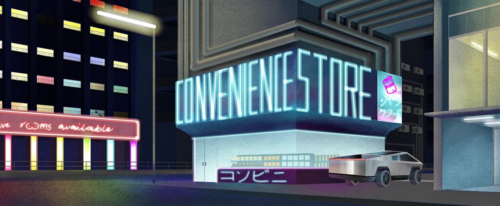 A cyberpunk illustration of a convenience store i made some time ago