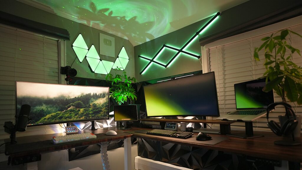 Modern Walnut/Black Desk Setup: Gaming PC + Mac Ultimate Workspace!