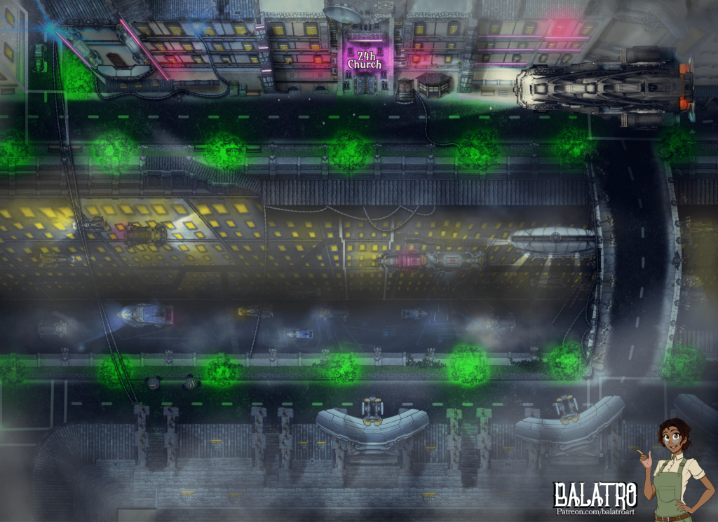 Vist "The Canal" famous skyroute through the middle of the megacity. Bask in the shade of the holotrees! Glance down the 1000 foot decent to the city below! Or confess your sins at any hour with a autopreist at the 24 hour church (For a small fee)! [TTRPG BATTLEMAP]