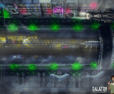 Vist "The Canal" famous skyroute through the middle of the megacity. Bask in the shade of the holotrees! Glance down the 1000 foot decent to the city below! Or confess your sins at any hour with a autopreist at the 24 hour church (For a small fee)! [TTRPG BATTLEMAP]