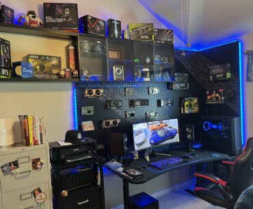 My dad’s battle station. He hung up a bunch of his video cards from over the years. The oldest being an old Voodoo card he got in the 90s.