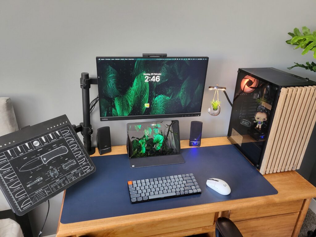 My pc set up with my handmade wood pc front plate.