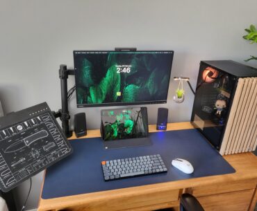 My pc set up with my handmade wood pc front plate.