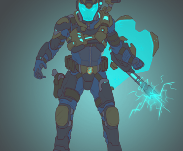 Doomguy as a cyberpunk Riot Police Officer; art by Alexey Zebol