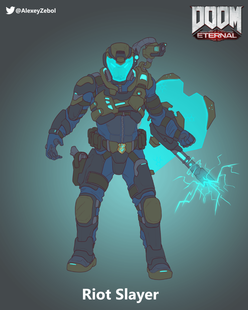 Doomguy as a cyberpunk Riot Police Officer; art by Alexey Zebol