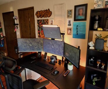 My desk setup in a small apartment with my wife. I work from home. I'm also a digital artist.