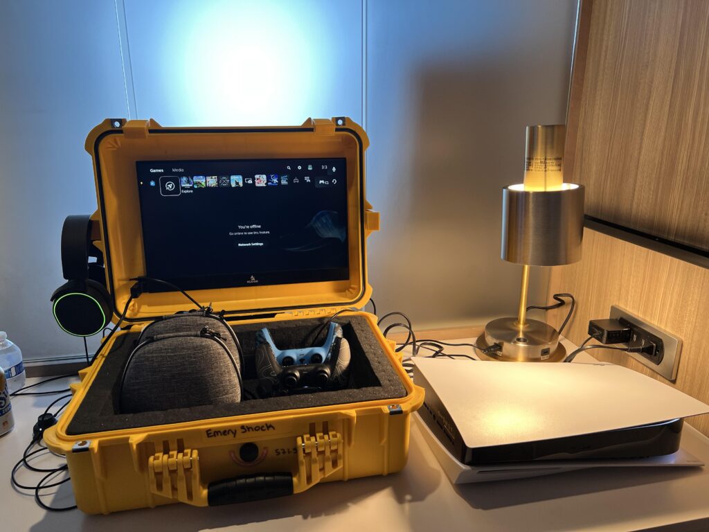 I travel a lot for work so I made this custom portable set up for myself, the controls go in my backpack. It’s not much but I love it!