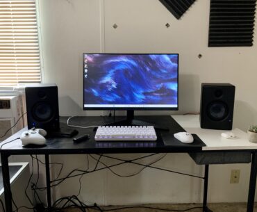Updated setup with a proper monitor, mouse, studio monitors, and keyboard.