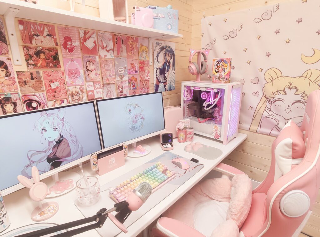 My pink setup and battlestation! (in my gaming shed)
