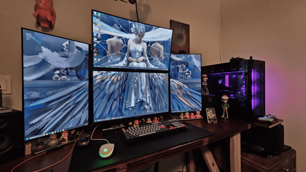My wfh/gaming setup, it's messy but I like it :) the desk is made from scraps, just in case you couldn't tell.