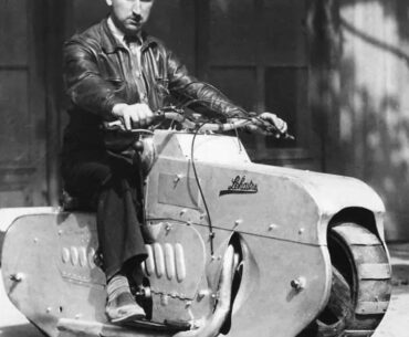 Inventor J. Lehaitre rides the Tractor Cycle. Circa 1938