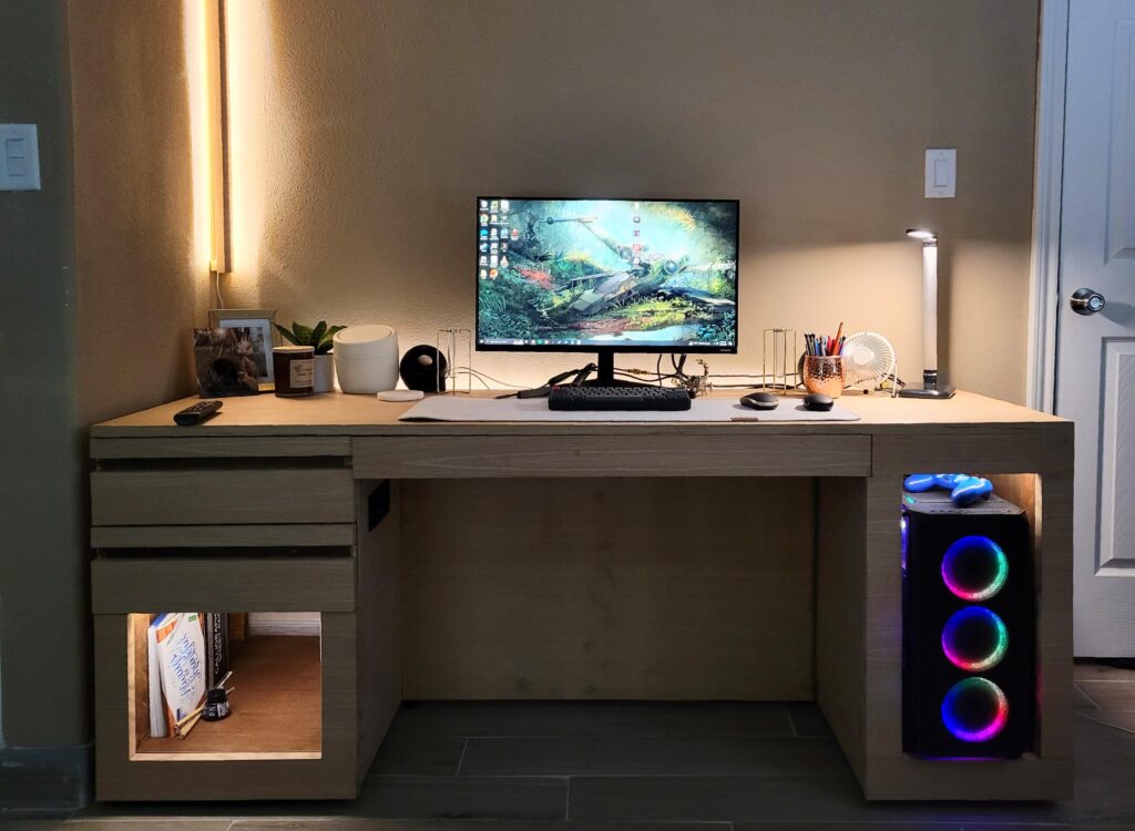 Just finished the desk but the rest of my station is in progress! Open to ideas for trinkets/decor.