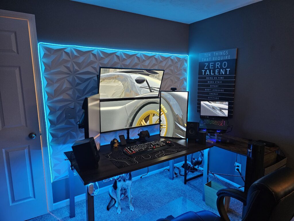 My work from home battlestation and place of zen. Recently upgraded and still a WIP on transforming the entire room into an escape. All of it is powered by my Asus rog zephyrus laptop on the right and a quad monitor dock hidden behind the monitor on the right. Next up is to work on personalizing it. My work from home battlestation and place of zen. Recently upgraded and still a WIP on transforming the entire room into an escape. All of it is powered by my Asus rog zephyrus laptop on the right and a quad monitor dock hidden behind the monitor on the right. Next up is to work on personalizing it.
