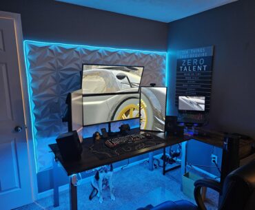 My work from home battlestation and place of zen. Recently upgraded and still a WIP on transforming the entire room into an escape. All of it is powered by my Asus rog zephyrus laptop on the right and a quad monitor dock hidden behind the monitor on the right. Next up is to work on personalizing it.