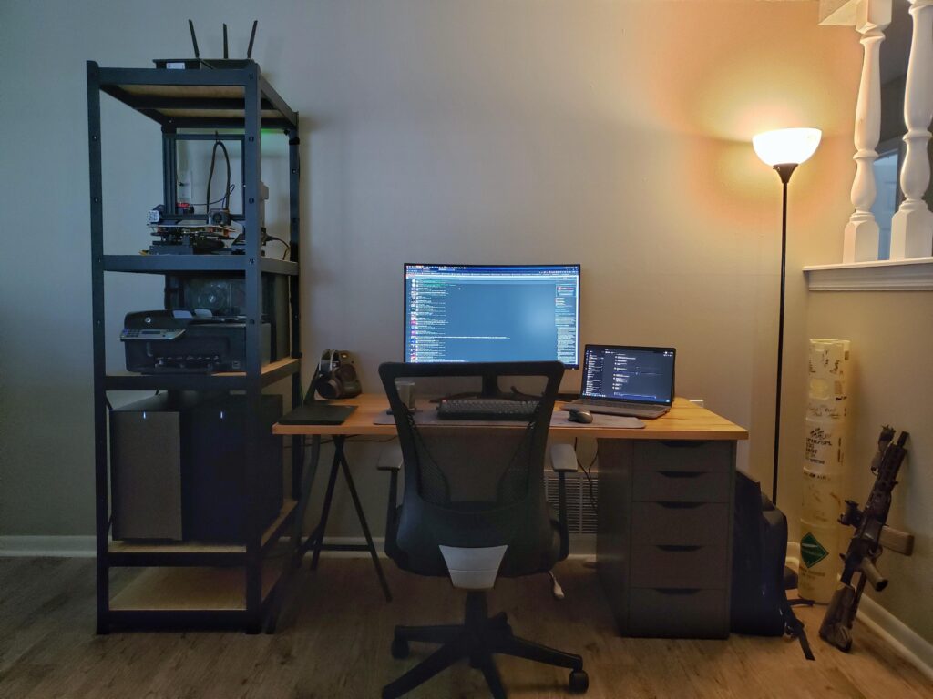 Moved to a new city and job allowed me to go remote. Got the battlestation set up posthaste. Planning to set up the wife's desk on the other side of the shelf soon.