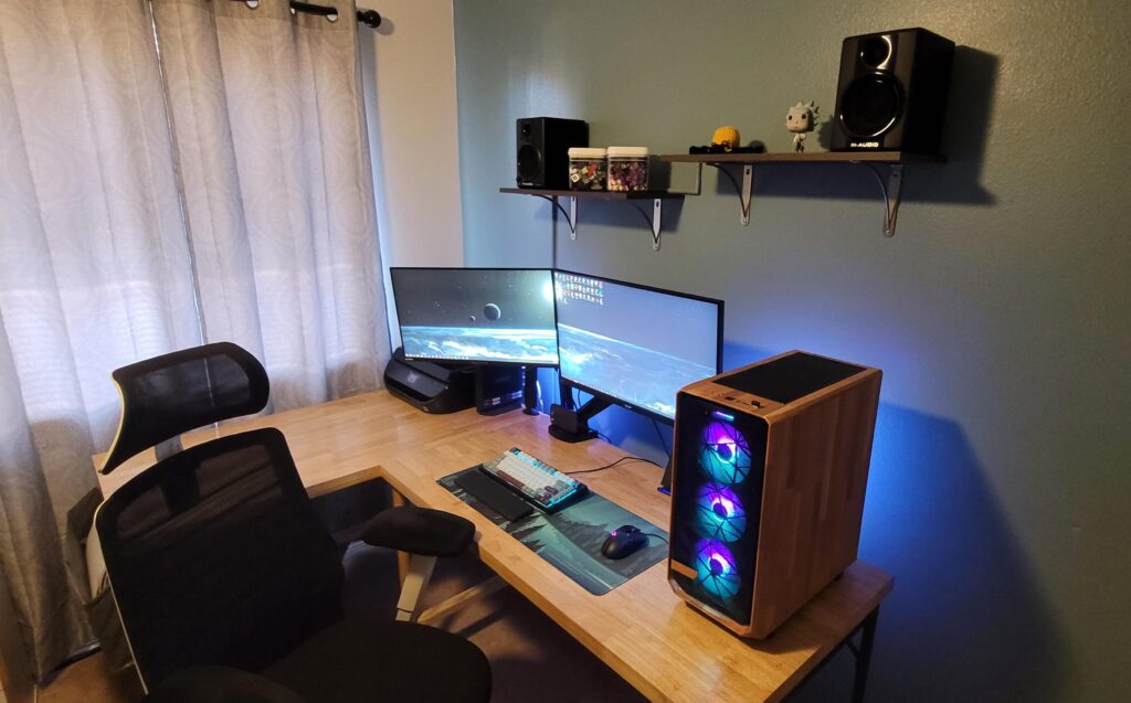 I custom built my desk out of butcher block, oiled and sealed it, and vinyl wrapped my tower.