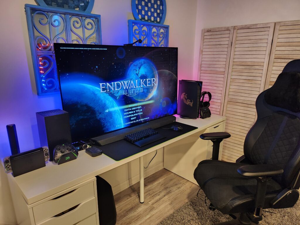 Console battlestation (yes gaming on a 55 inch that close is ridiculous and also awesome).