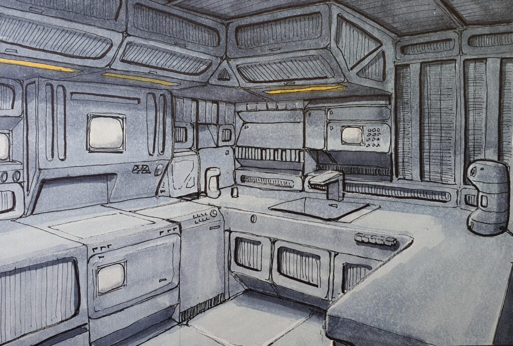 Cyberpunk kitchen, from my sketchbook.